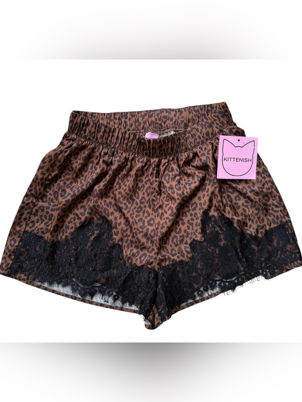 NWT Kittenish leopard print lace trim satin lounge shorts S